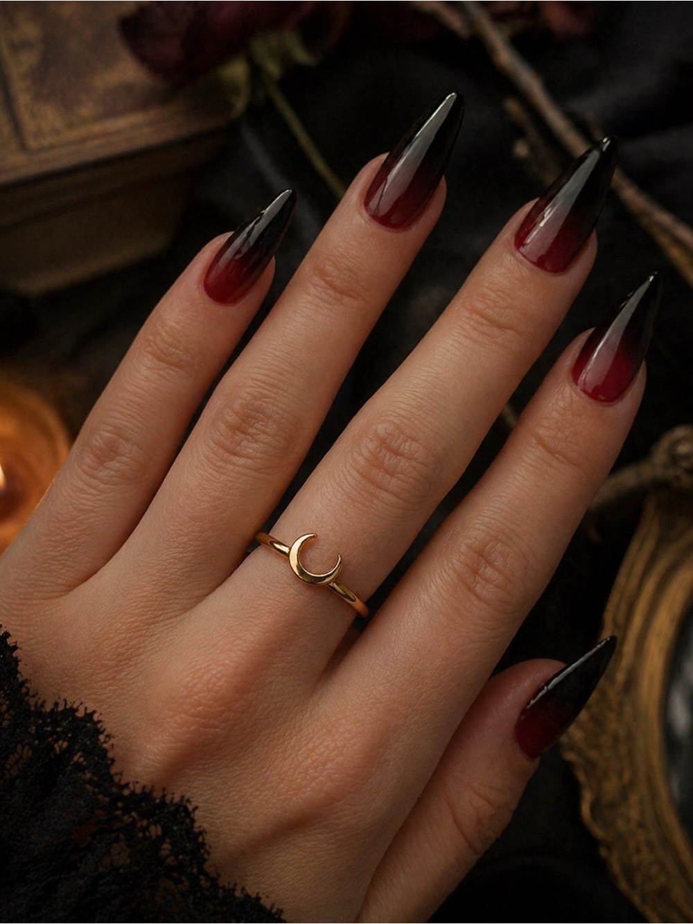 Gold Tone Crescent Moon Stackable Ring Celestial Witchy Boho Jewelry